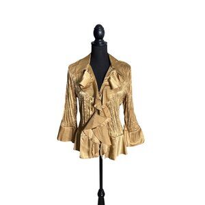 90's/Y2K Dressbarn Women's Gold Crinkled Satin Ruffle Blouse Size M
